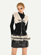 Nico Molly Plush Patchwork Fur Collar Zippered Slim V-neck Women's Leather Vests