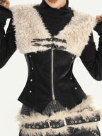 Nico Molly Plush Patchwork Fur Collar Zippered Slim V-neck Women's Leather Vests