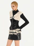 Nico Molly Plush Patchwork Fur Collar Zippered Slim V-neck Women's Leather Vests