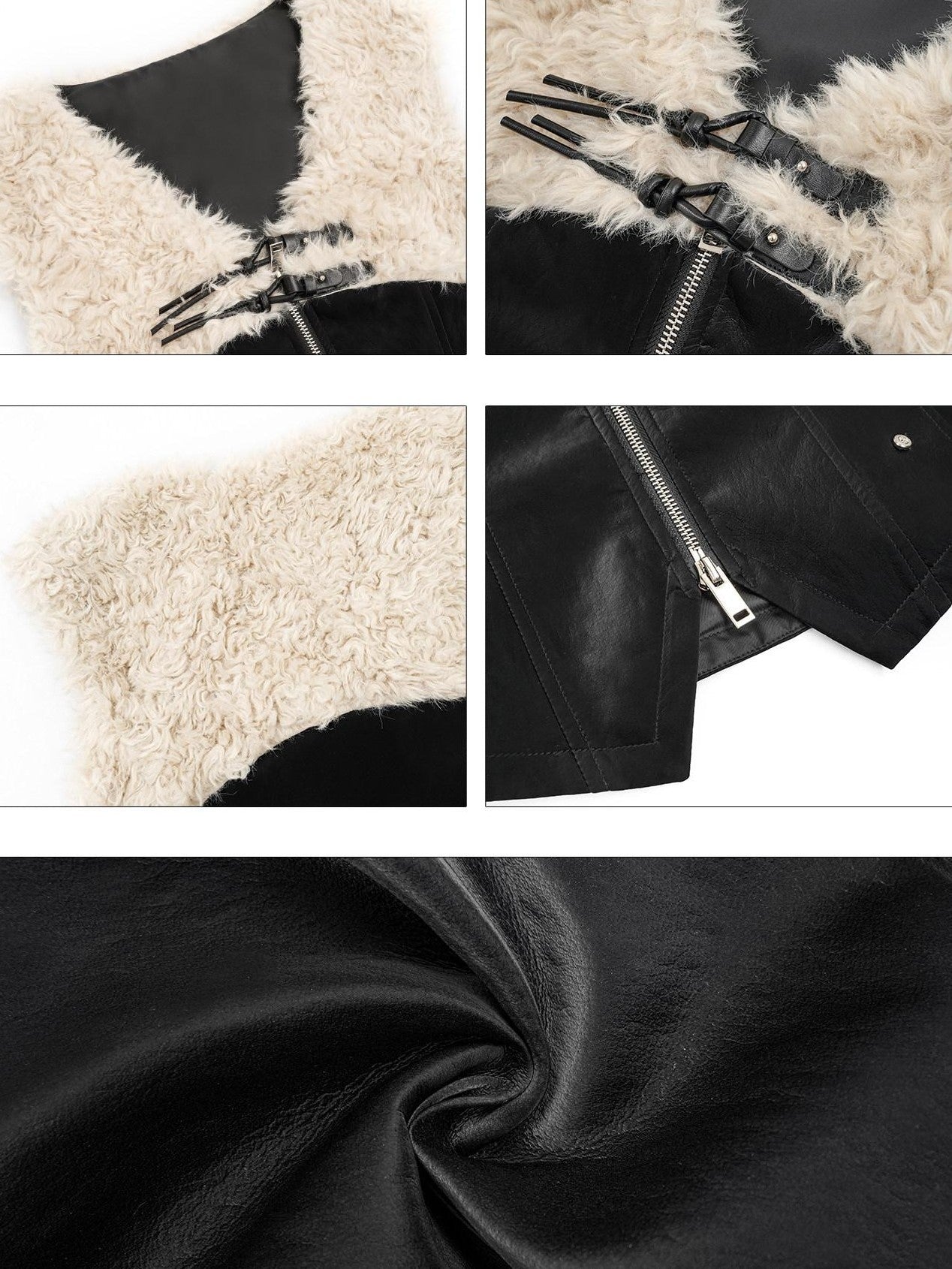 Nico Molly Plush Patchwork Fur Collar Zippered Slim V-neck Women's Leather Vests