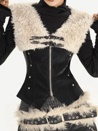 Nico Molly Plush Patchwork Fur Collar Zippered Slim V-neck Women's Leather Vests
