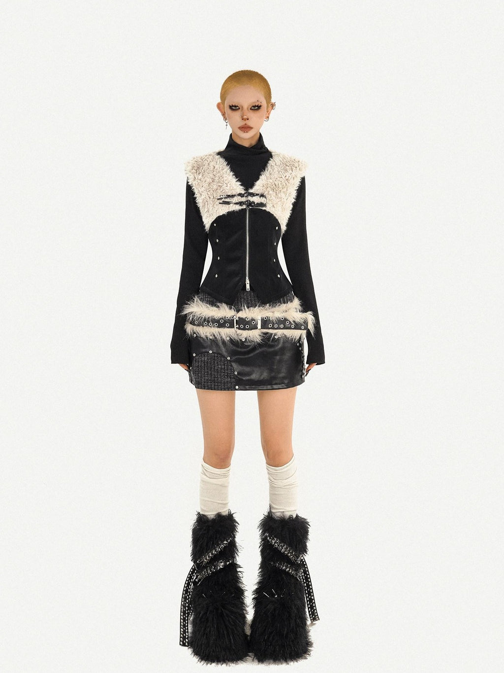 Nico Molly Plush Patchwork Fur Collar Zippered Slim V-neck Women's Leather Vests