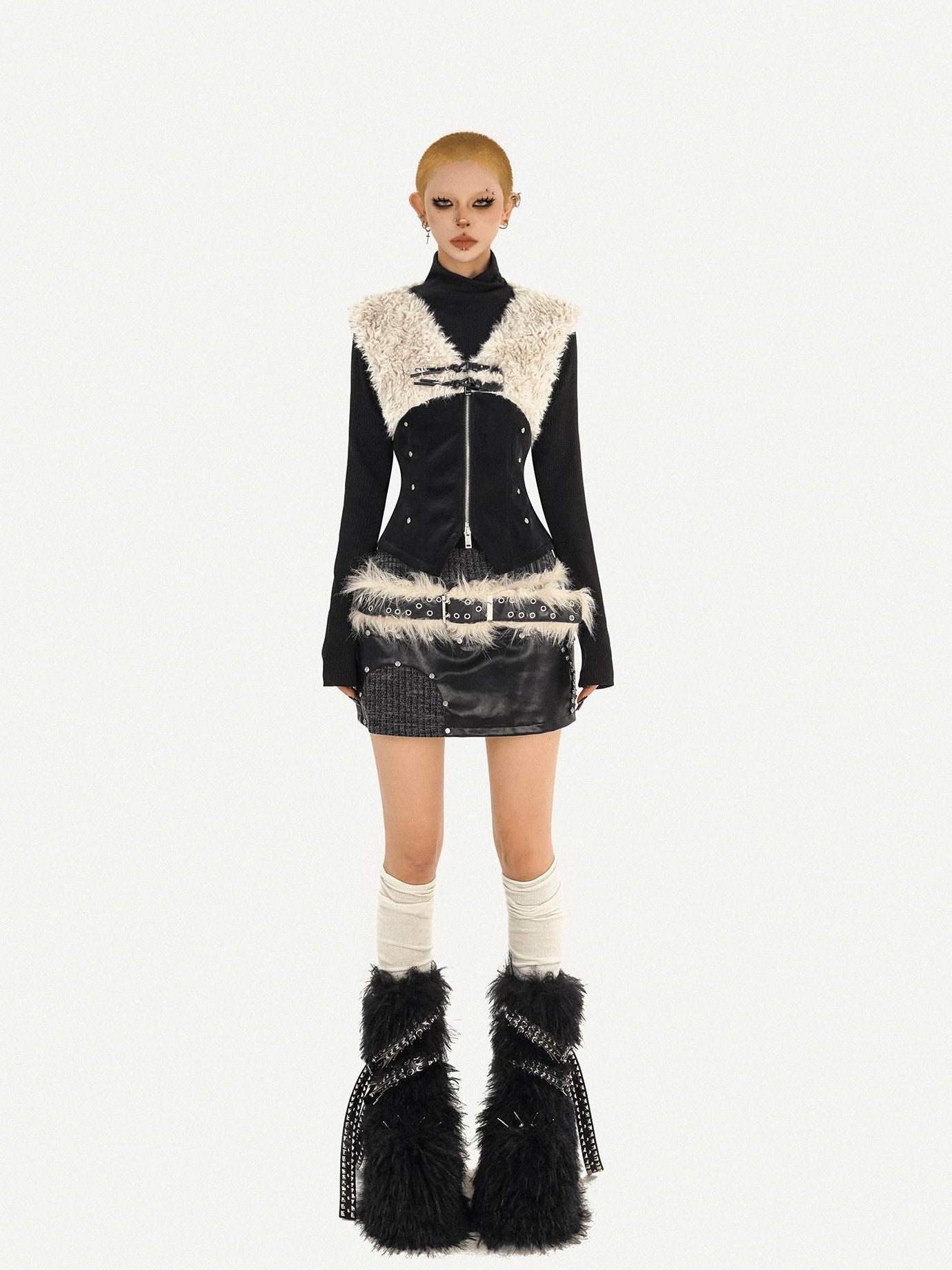 Nico Molly Plush Patchwork Fur Collar Zippered Slim V-neck Women's Leather Vests