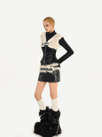 Nico Molly Plush Patchwork Fur Collar Zippered Slim V-neck Women's Leather Vests
