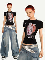 Nico Molly Portrait Print Slim Fit Round Neck Women's Combed Cotton Short Sleeve T-shirts