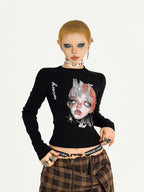 Nico Molly Portrait Print Slim Fit Round Neck Women's Combed Cotton Short Sleeve T-shirts