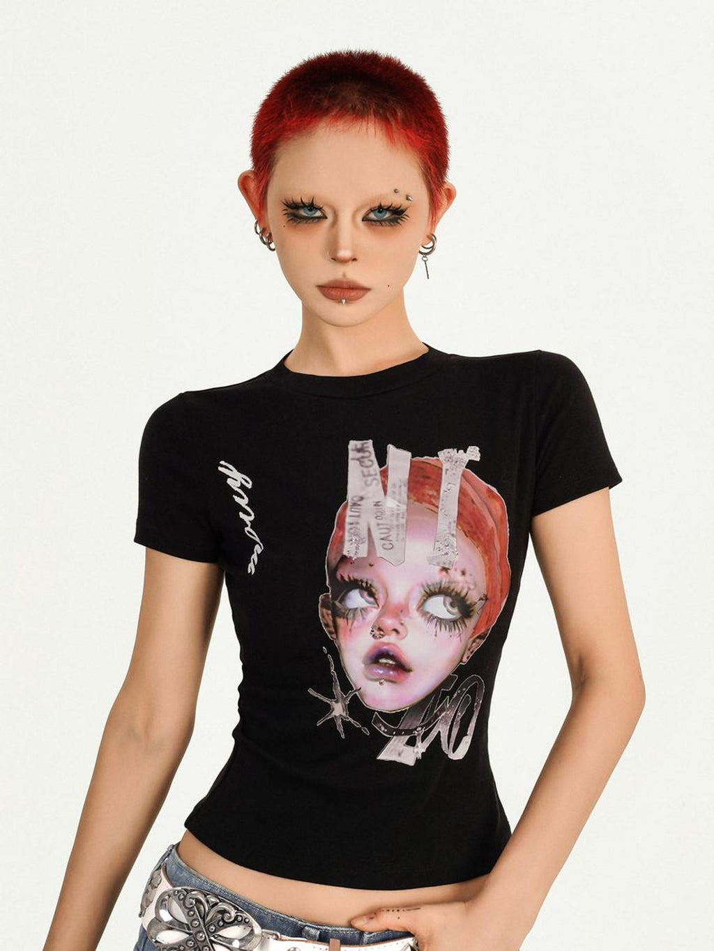 Nico Molly Portrait Print Slim Fit Round Neck Women's Combed Cotton Short Sleeve T-shirts