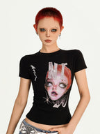 Nico Molly Portrait Print Slim Fit Round Neck Women's Combed Cotton Short Sleeve T-shirts