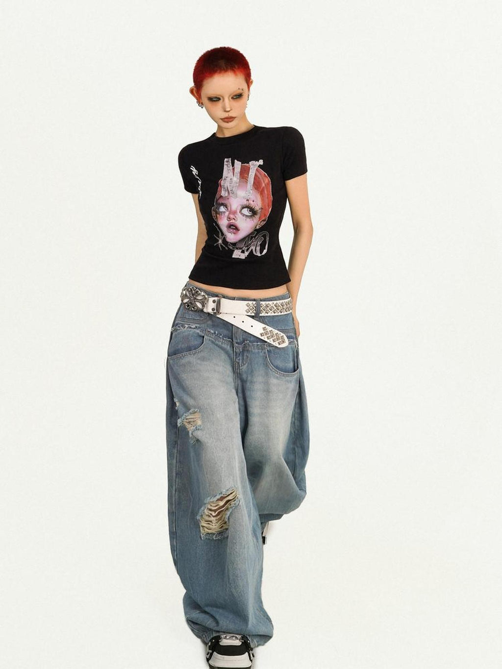 Nico Molly Portrait Print Slim Fit Round Neck Women's Combed Cotton Short Sleeve T-shirts
