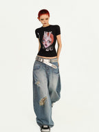 Nico Molly Portrait Print Slim Fit Round Neck Women's Combed Cotton Short Sleeve T-shirts