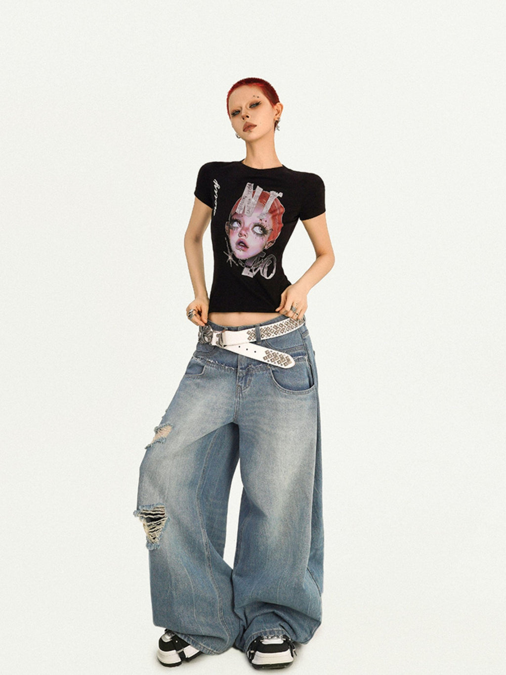 Nico Molly Portrait Print Slim Fit Round Neck Women's Combed Cotton Short Sleeve T-shirts