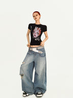 Nico Molly Portrait Print Slim Fit Round Neck Women's Combed Cotton Short Sleeve T-shirts