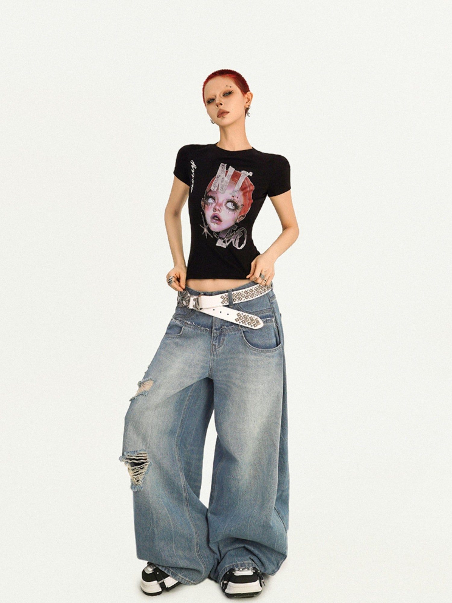 Nico Molly Portrait Print Slim Fit Round Neck Women's Combed Cotton Short Sleeve T-shirts