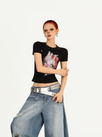 Nico Molly Portrait Print Slim Fit Round Neck Women's Combed Cotton Short Sleeve T-shirts