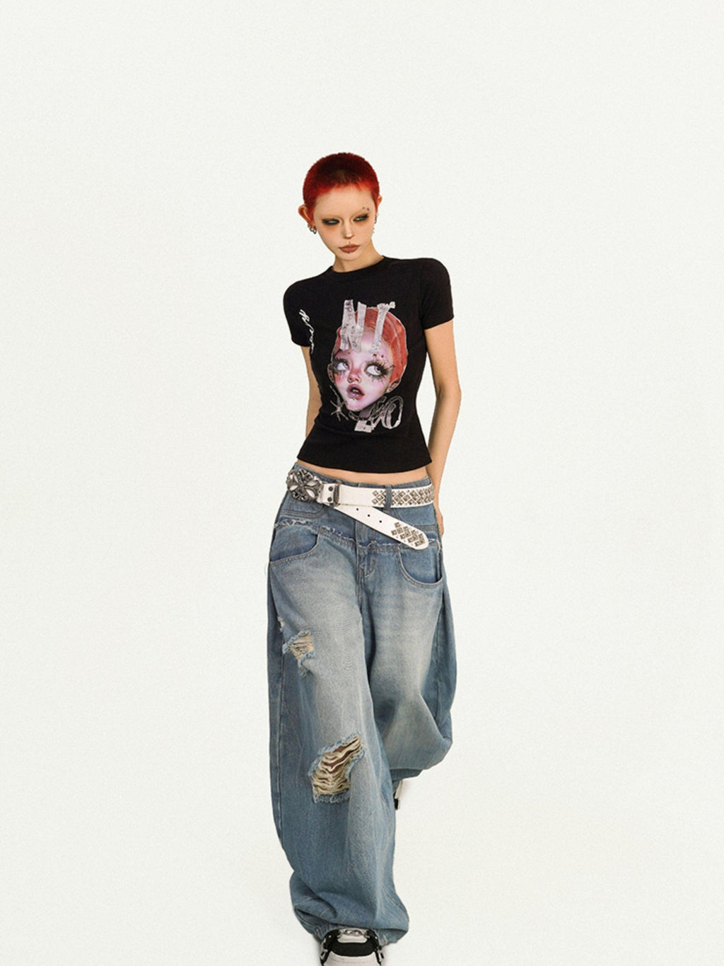 Nico Molly Portrait Print Slim Fit Round Neck Women's Combed Cotton Short Sleeve T-shirts