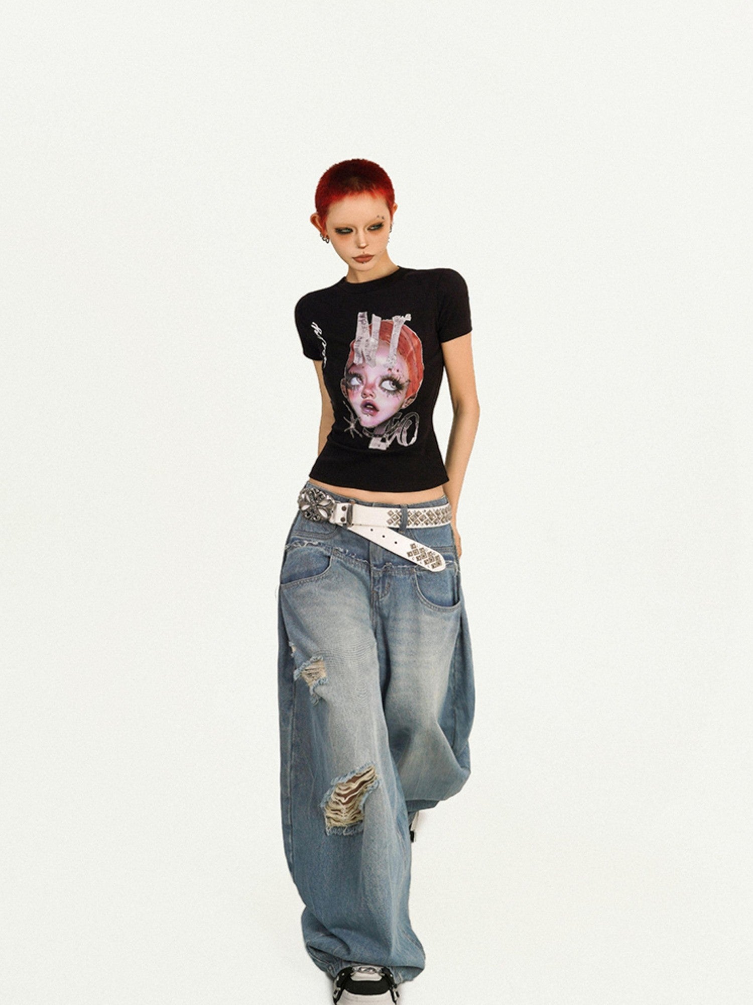 Nico Molly Portrait Print Slim Fit Round Neck Women's Combed Cotton Short Sleeve T-shirts