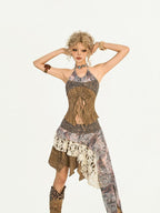 Nico Molly Postapocalyptic Patchwork Asymmetric A Line Women's Midi Skirts