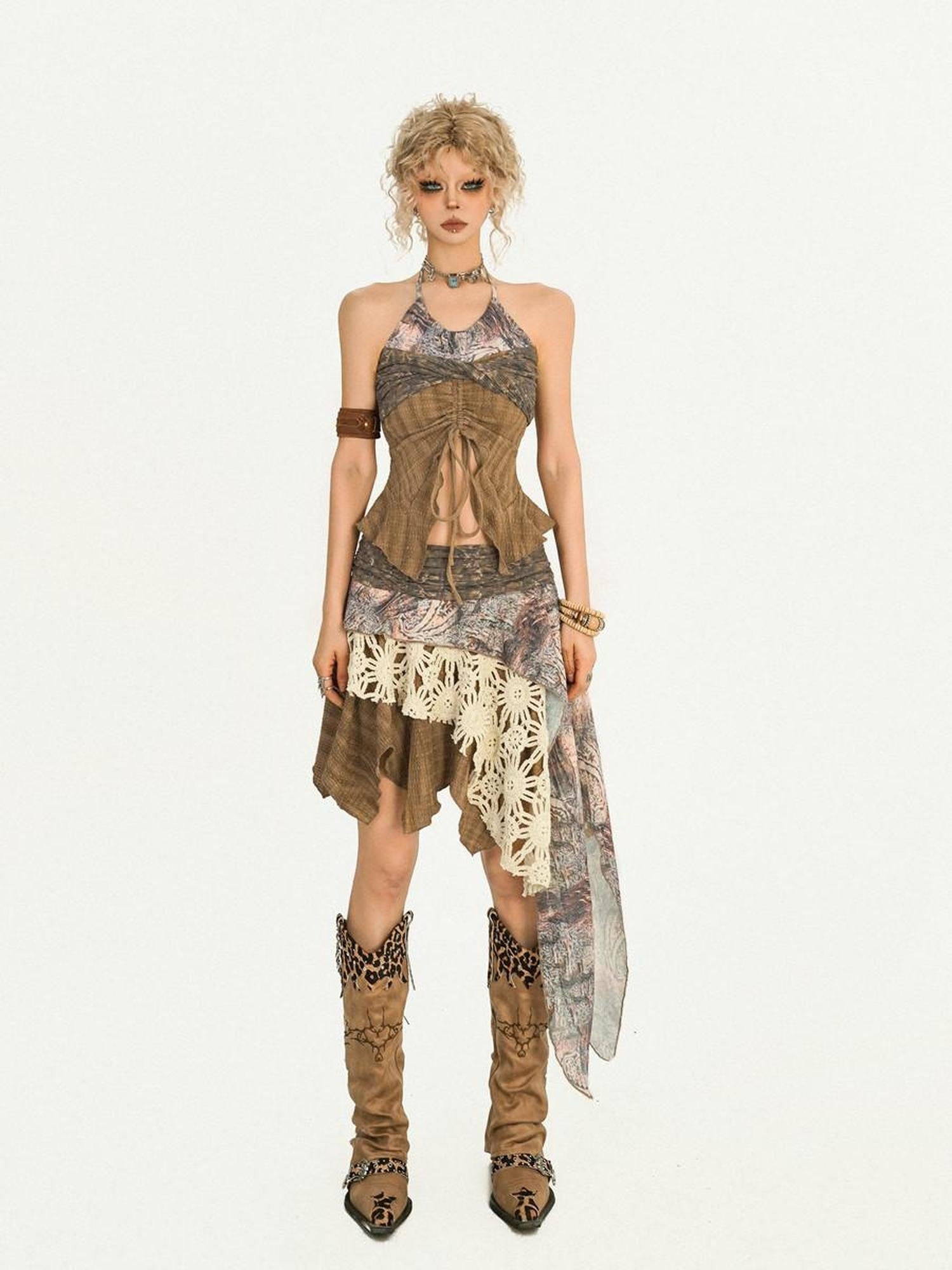 Nico Molly Postapocalyptic Patchwork Asymmetric A Line Women's Midi Skirts