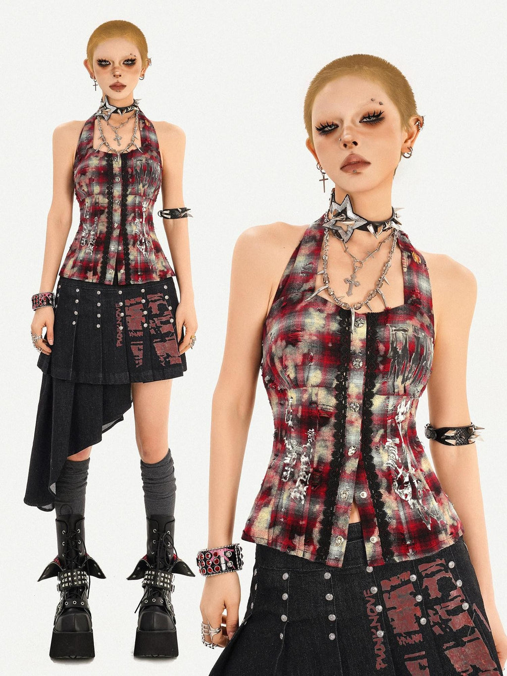 Nico Molly Punk Halter Cropped Plaid Patchwork Print Studded Women's Tank Tops