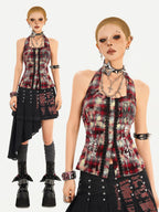 Nico Molly Punk Halter Cropped Plaid Patchwork Print Studded Women's Tank Tops