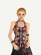 Nico Molly Punk Halter Cropped Plaid Patchwork Print Studded Women's Tank Tops