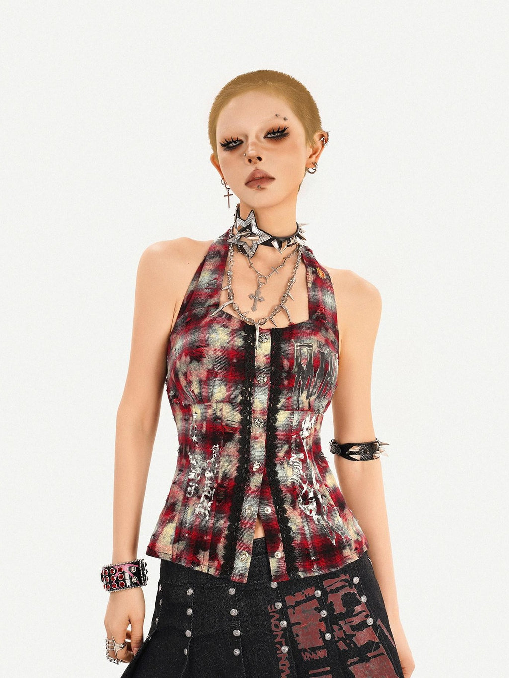 Nico Molly Punk Halter Cropped Plaid Patchwork Print Studded Women's Tank Tops