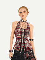 Nico Molly Punk Halter Cropped Plaid Patchwork Print Studded Women's Tank Tops