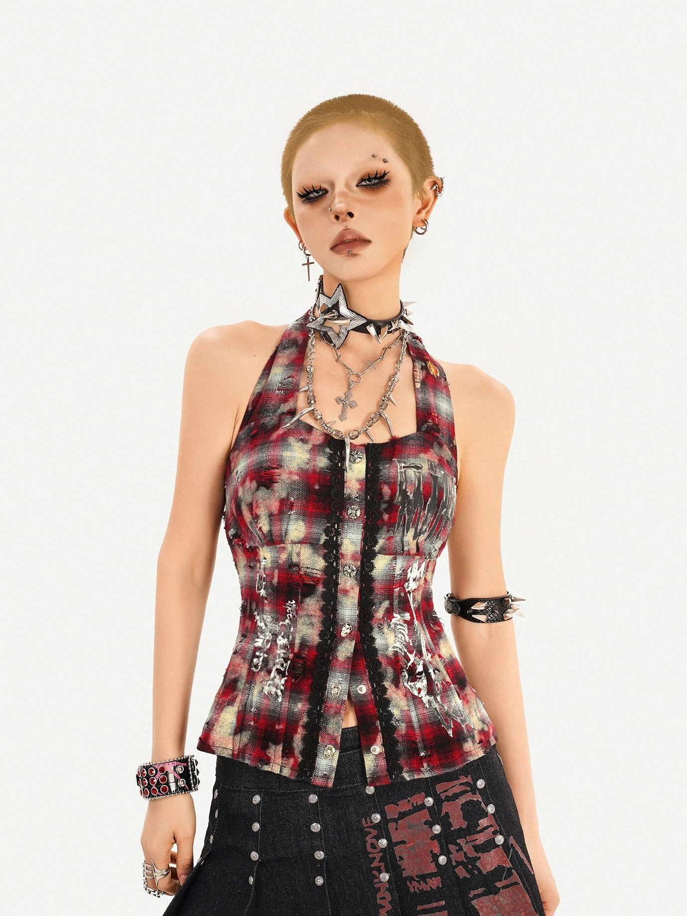 Nico Molly Punk Halter Cropped Plaid Patchwork Print Studded Women's Tank Tops