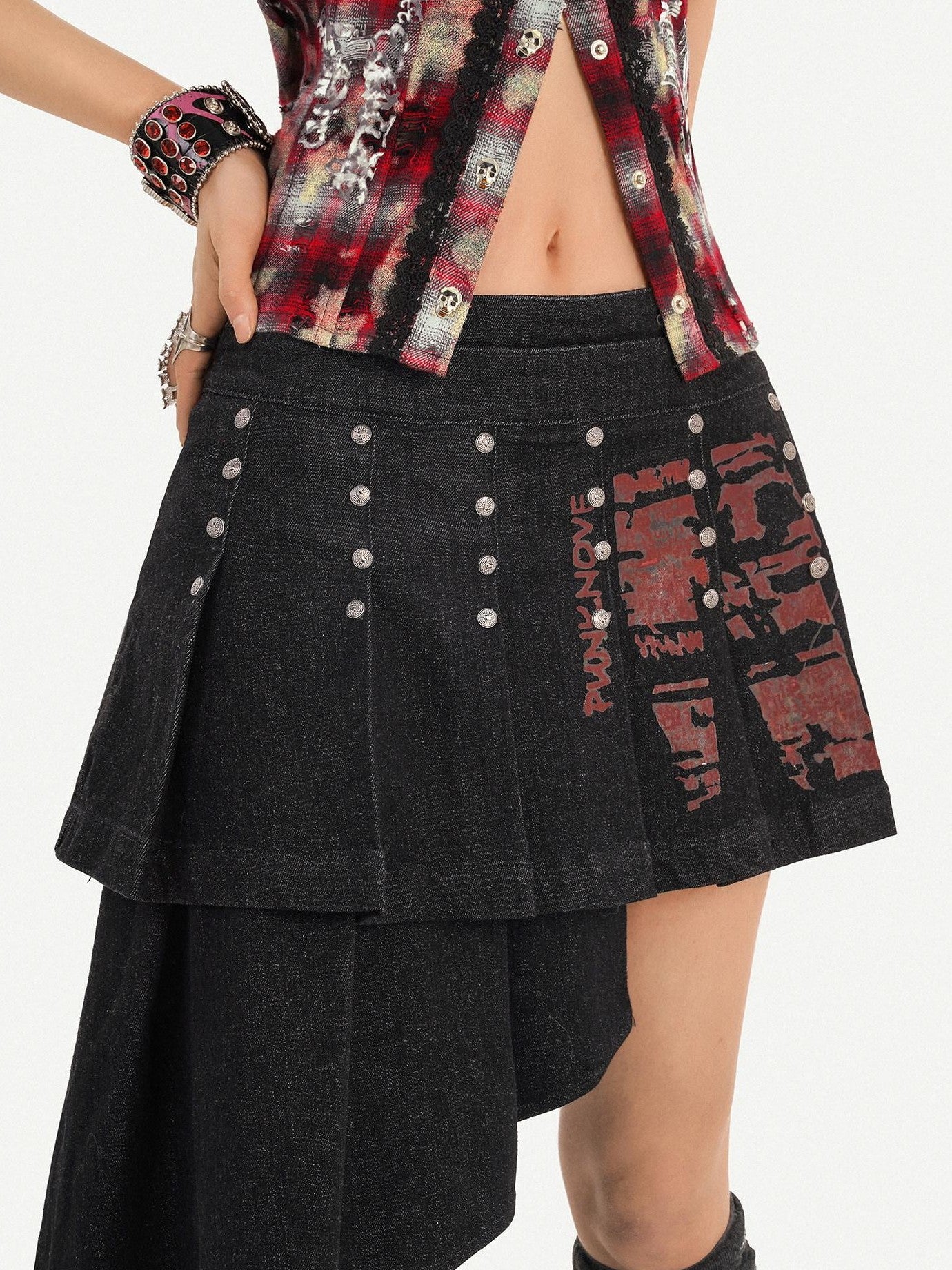 Nico Molly Punk Halter Cropped Plaid Patchwork Print Studded Women's Tank Tops
