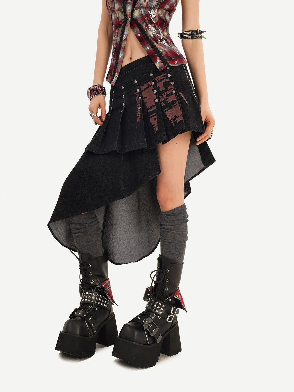 Nico Molly Punk Halter Cropped Plaid Patchwork Print Studded Women's Tank Tops