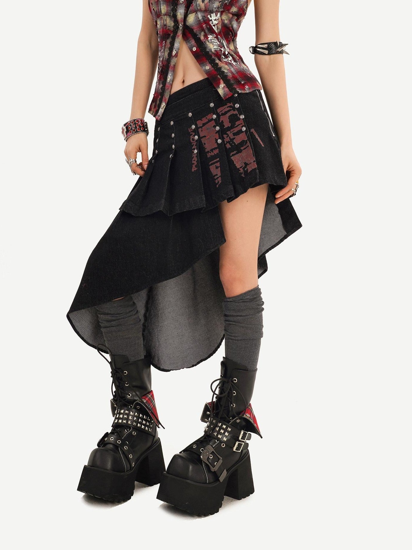 Nico Molly Punk Halter Cropped Plaid Patchwork Print Studded Women's Tank Tops