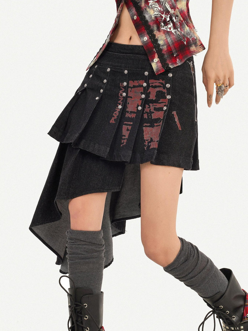 Nico Molly Punk Halter Cropped Plaid Patchwork Print Studded Women's Tank Tops