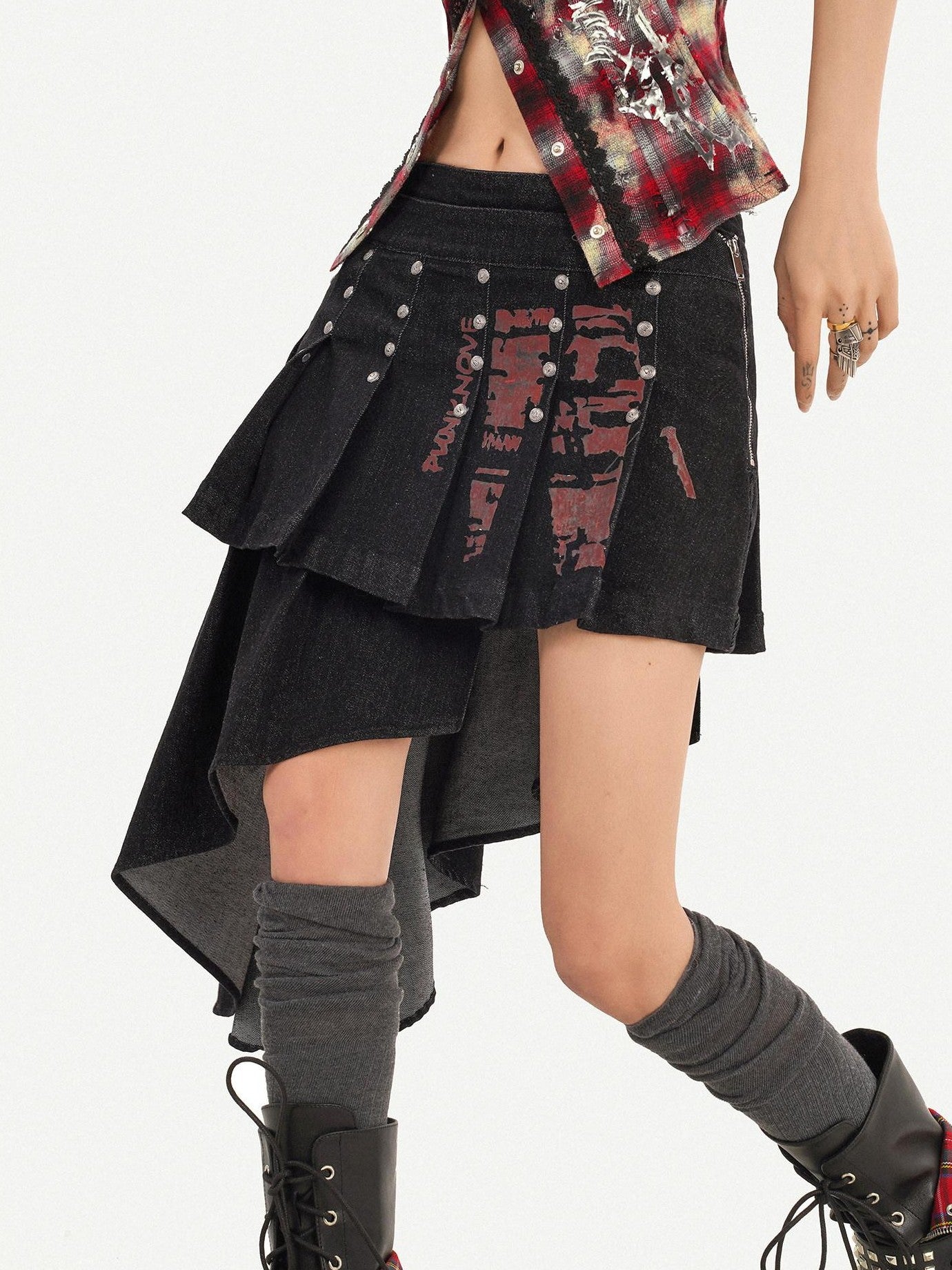 Nico Molly Punk Halter Cropped Plaid Patchwork Print Studded Women's Tank Tops