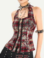 Nico Molly Punk Halter Cropped Plaid Patchwork Print Studded Women's Tank Tops