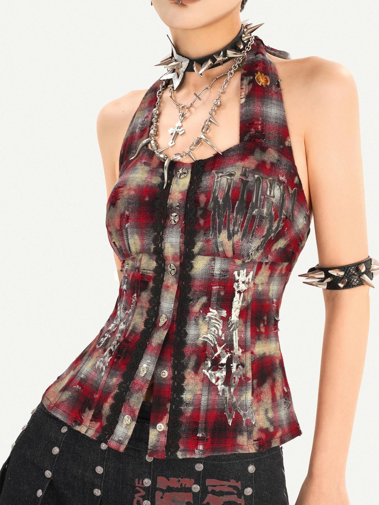 Nico Molly Punk Halter Cropped Plaid Patchwork Print Studded Women's Tank Tops