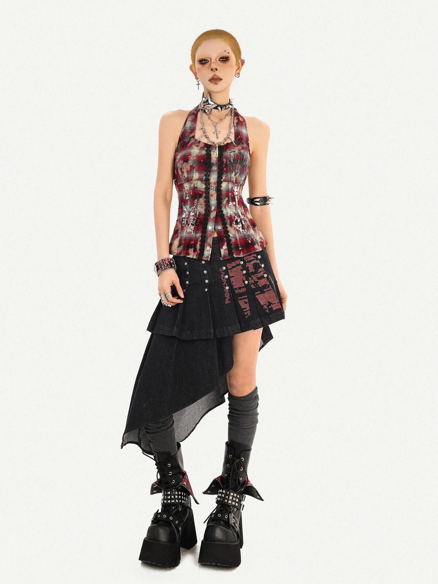 Nico Molly Punk Halter Cropped Plaid Patchwork Print Studded Women's Tank Tops