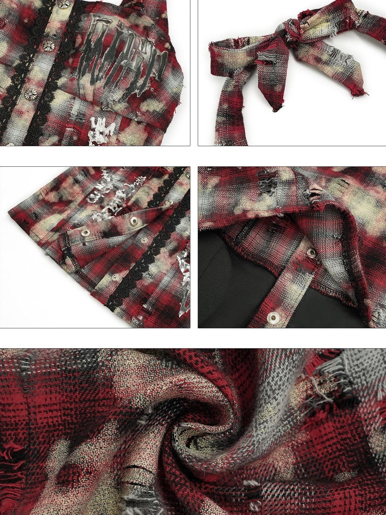Nico Molly Punk Halter Cropped Plaid Patchwork Print Studded Women's Tank Tops