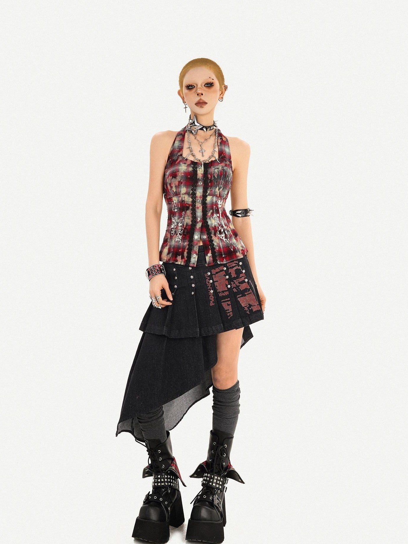 Nico Molly Punk Halter Cropped Plaid Patchwork Print Studded Women's Tank Tops