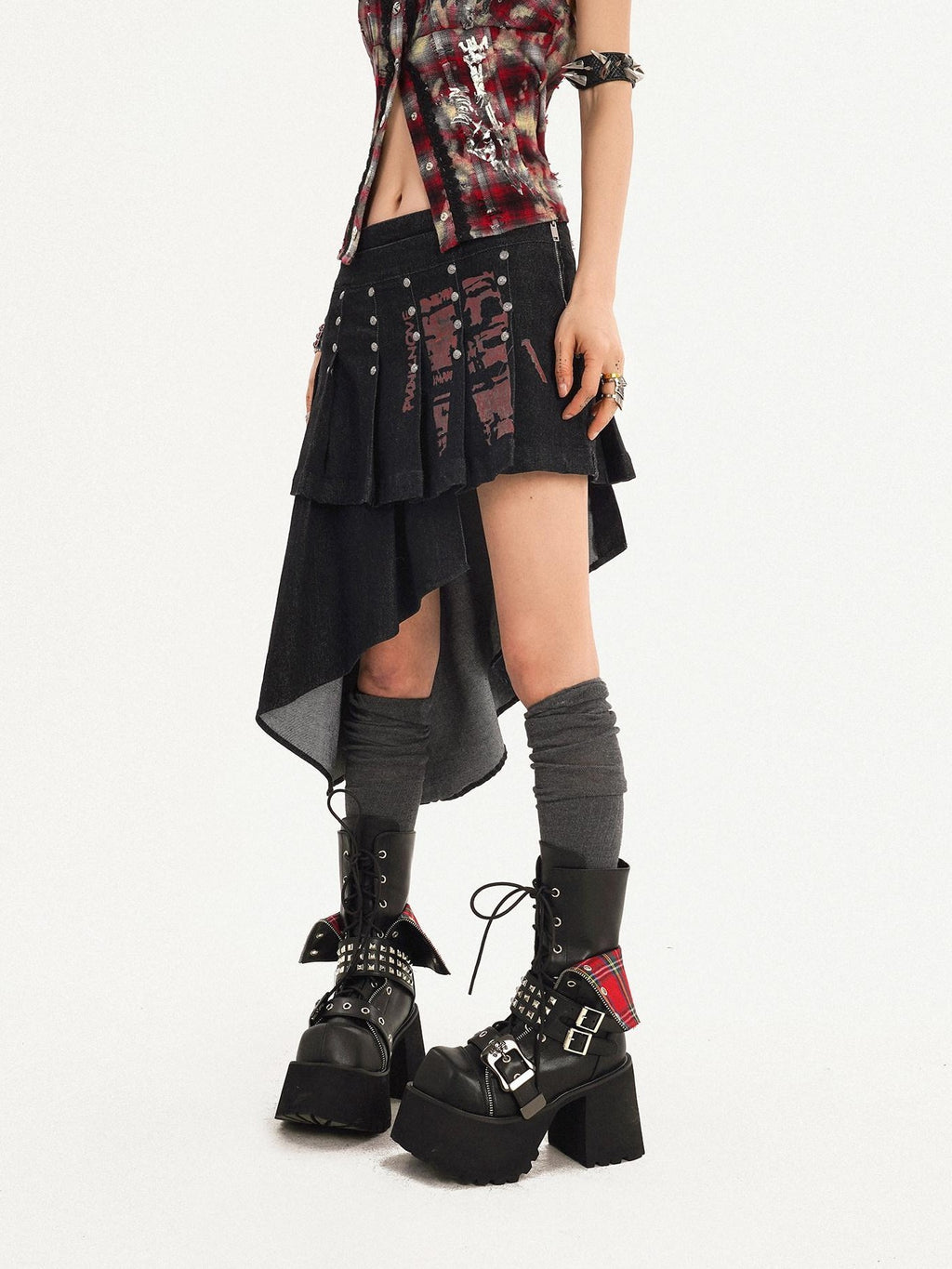 Nico Molly Punk Halter Cropped Plaid Patchwork Print Studded Women's Tank Tops