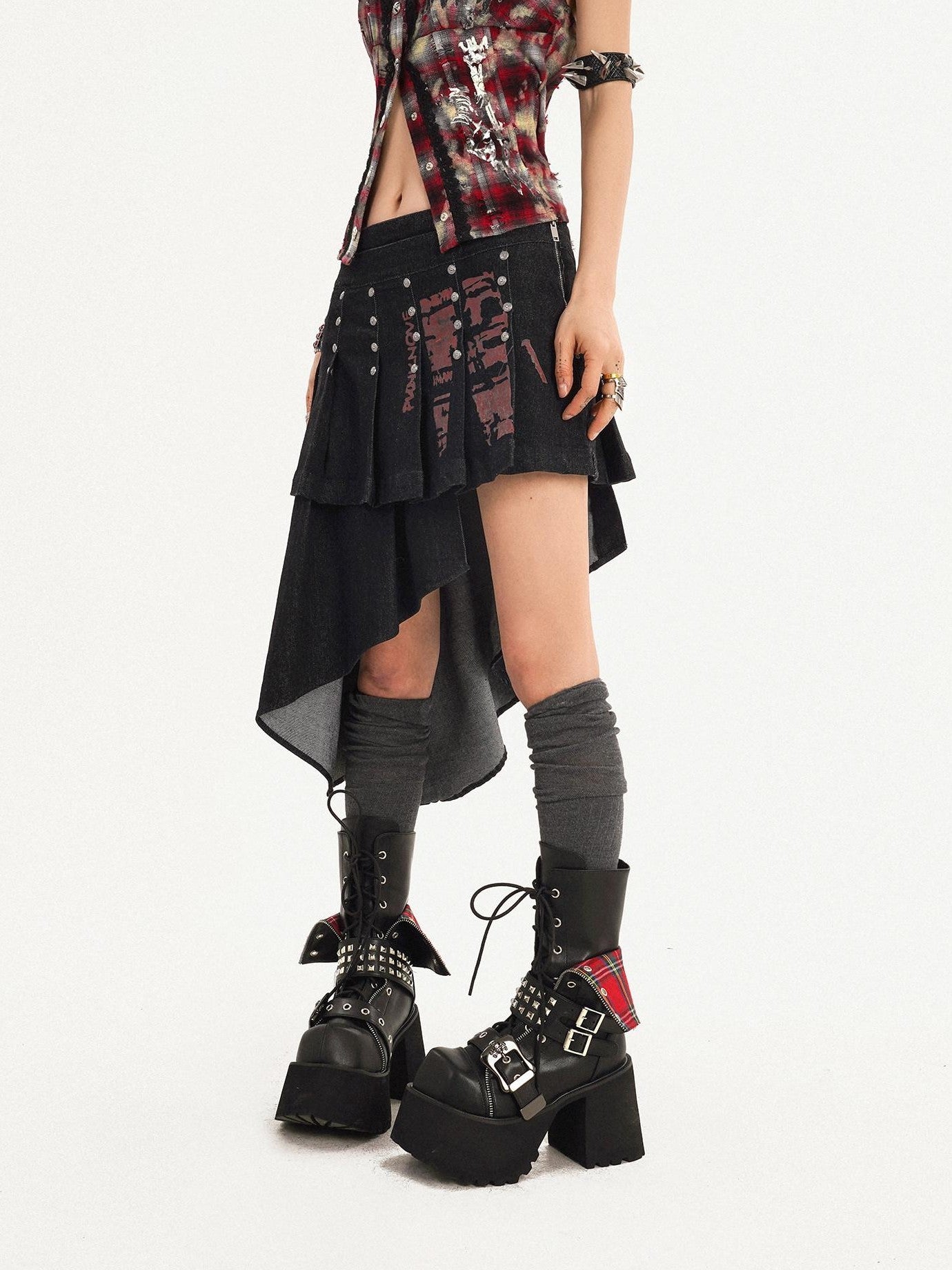 Nico Molly Punk Halter Cropped Plaid Patchwork Print Studded Women's Tank Tops