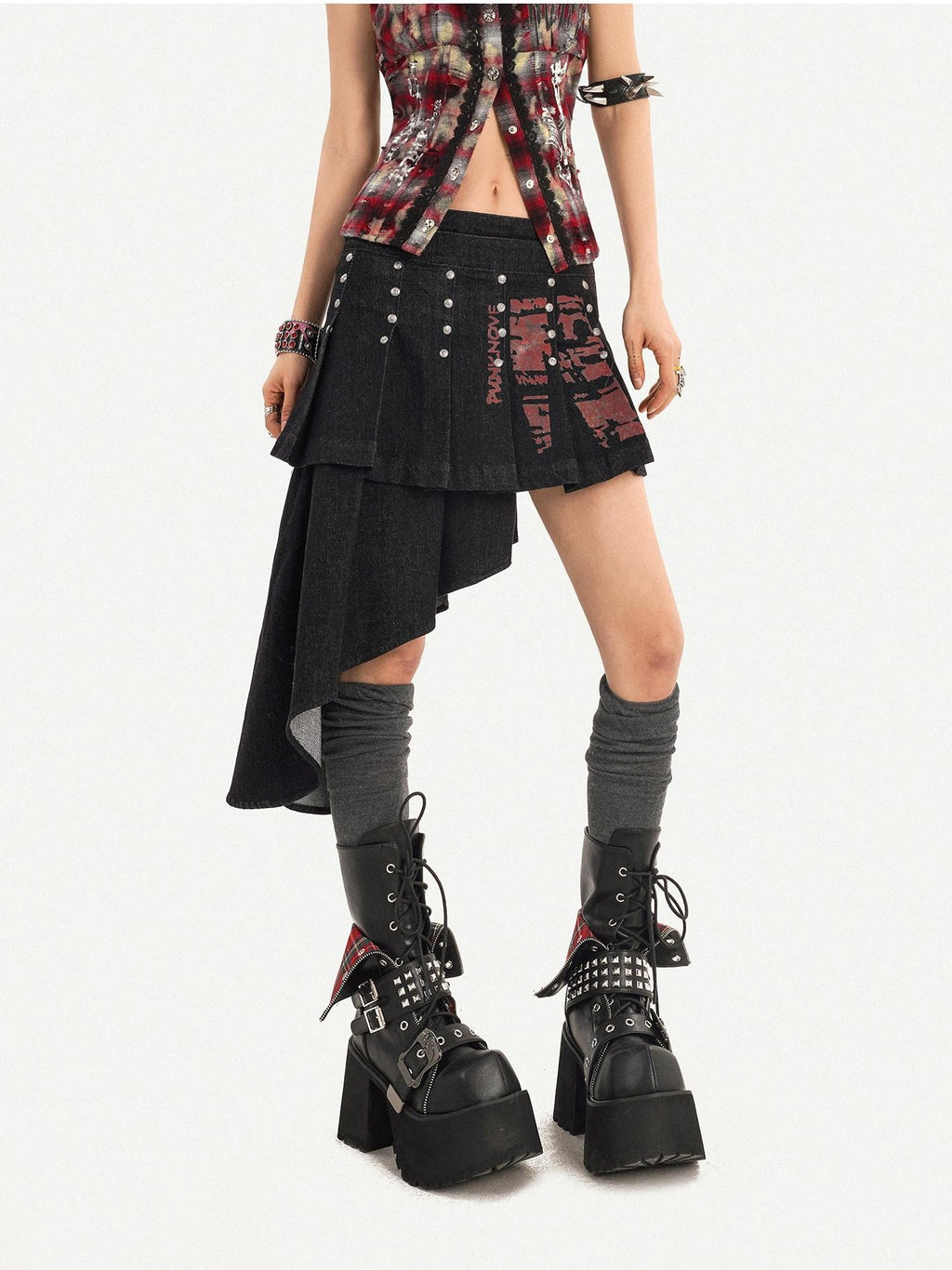 Nico Molly Punk Halter Cropped Plaid Patchwork Print Studded Women's Tank Tops