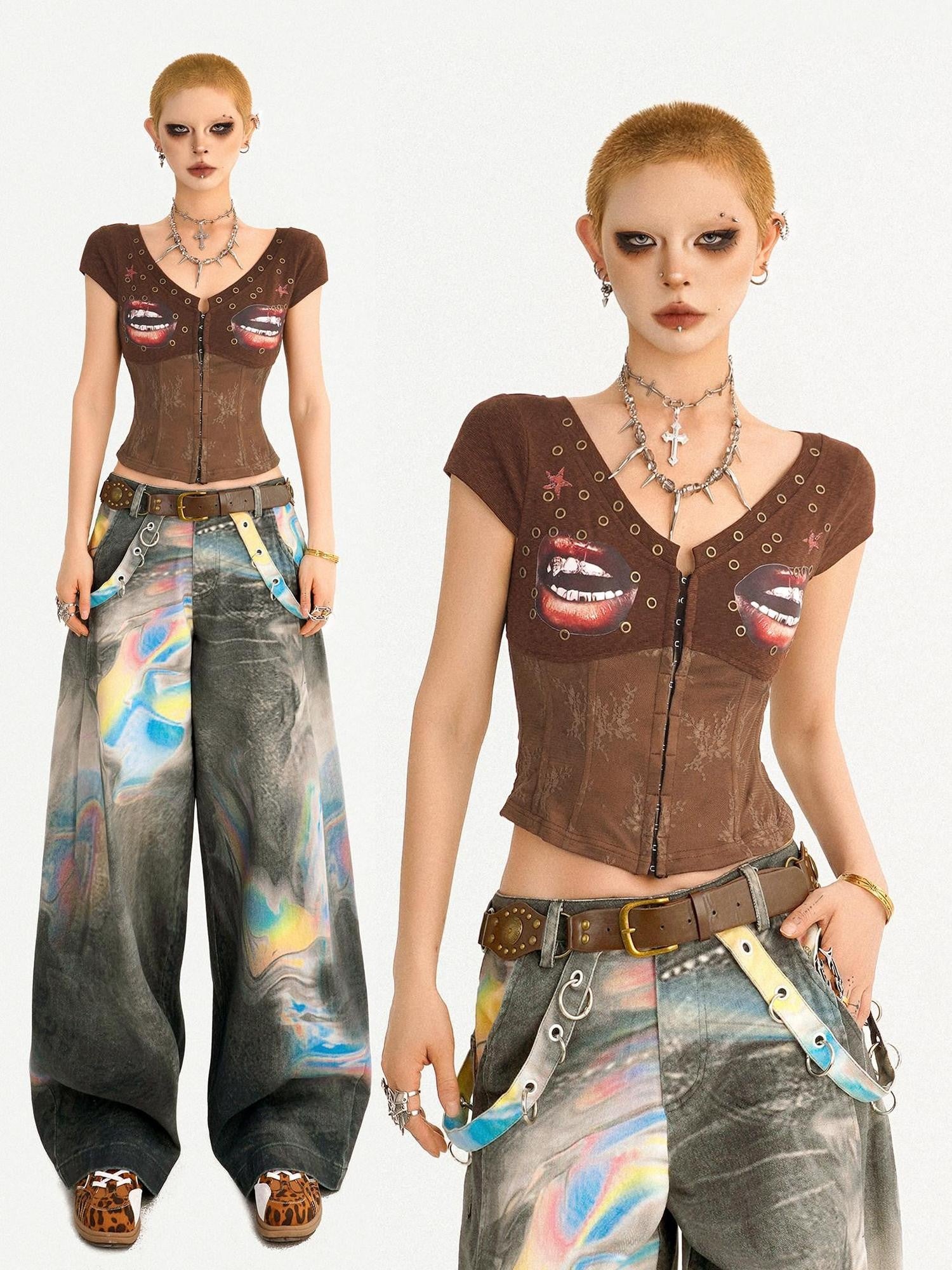 Nico Molly Punk Lace Print V-neck Fishbone Waist Cropped Slim Women's Short Sleeve T-shirts
