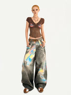 Nico Molly Punk Lace Print V-neck Fishbone Waist Cropped Slim Women's Short Sleeve T-shirts