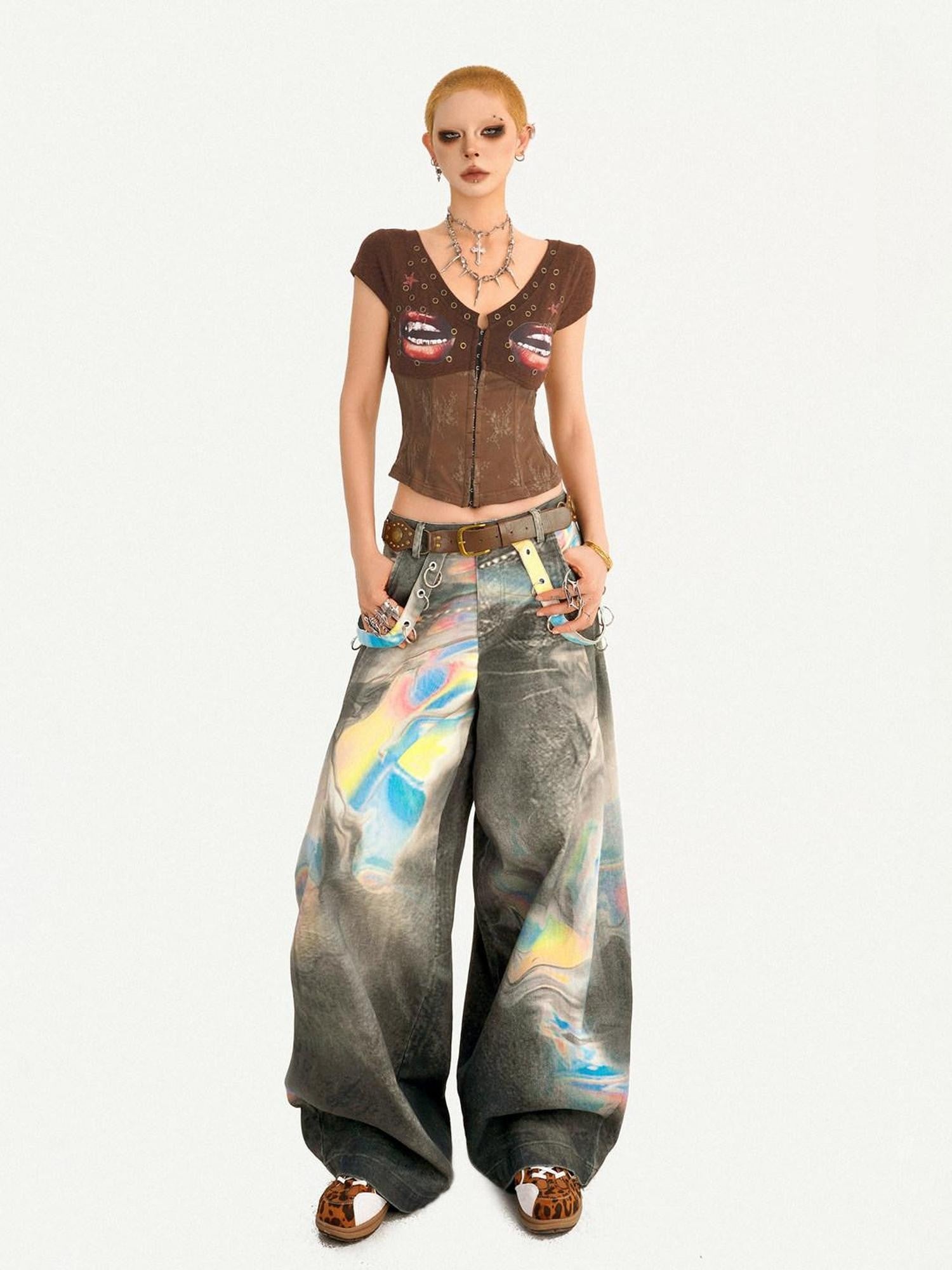 Nico Molly Punk Lace Print V-neck Fishbone Waist Cropped Slim Women's Short Sleeve T-shirts