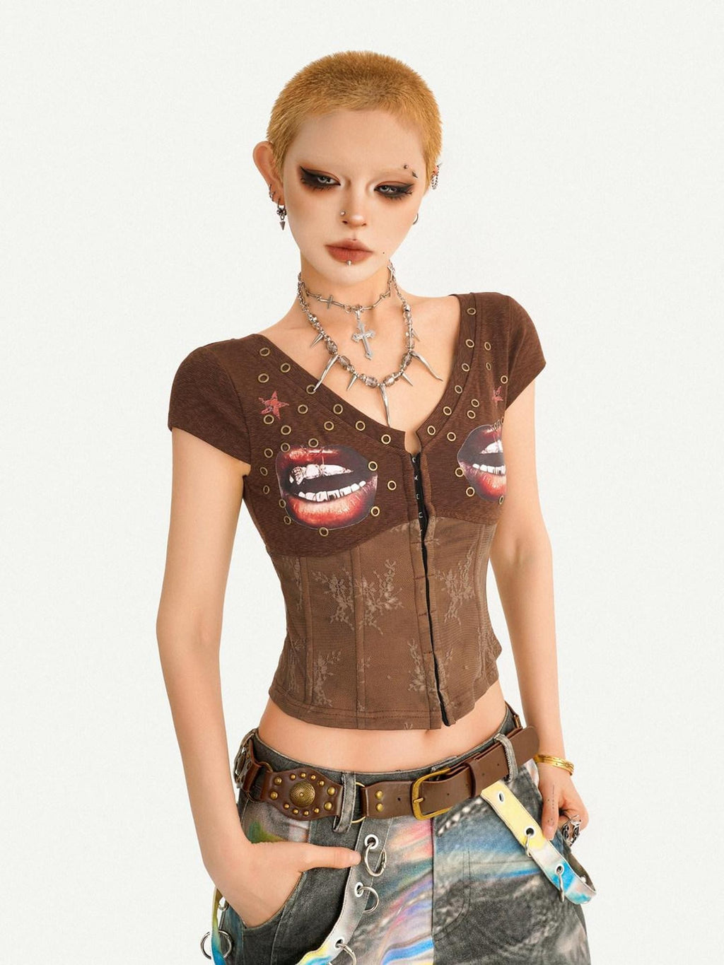 Nico Molly Punk Lace Print V-neck Fishbone Waist Cropped Slim Women's Short Sleeve T-shirts