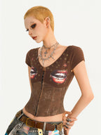 Nico Molly Punk Lace Print V-neck Fishbone Waist Cropped Slim Women's Short Sleeve T-shirts
