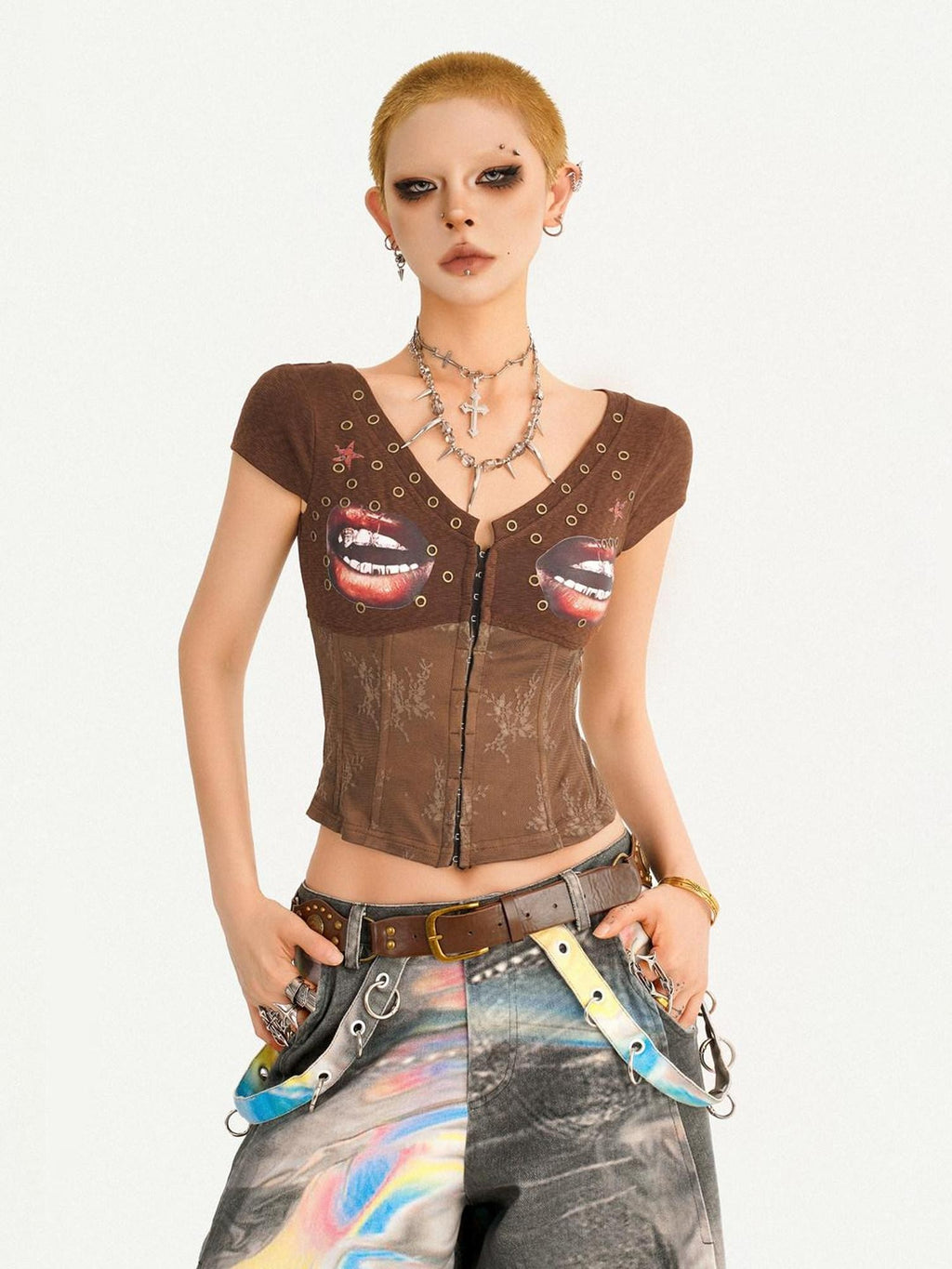 Nico Molly Punk Lace Print V-neck Fishbone Waist Cropped Slim Women's Short Sleeve T-shirts
