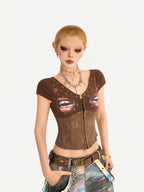 Nico Molly Punk Lace Print V-neck Fishbone Waist Cropped Slim Women's Short Sleeve T-shirts
