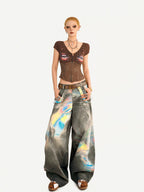 Nico Molly Punk Lace Print V-neck Fishbone Waist Cropped Slim Women's Short Sleeve T-shirts