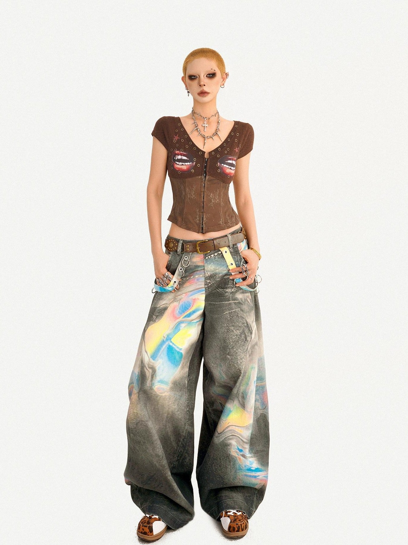Nico Molly Punk Lace Print V-neck Fishbone Waist Cropped Slim Women's Short Sleeve T-shirts